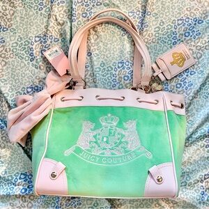New Green Pink Juicy Couture Purse Daydreamer Tote Bag Velour Scottie Dog